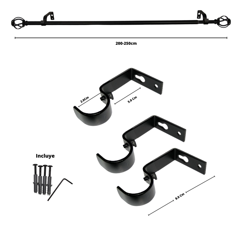 SET BARRA PARA CORTINA SIMPLE 13/16 MM EXTENSIBLE 200-250 CM NEGRO ORB NIDO - 5