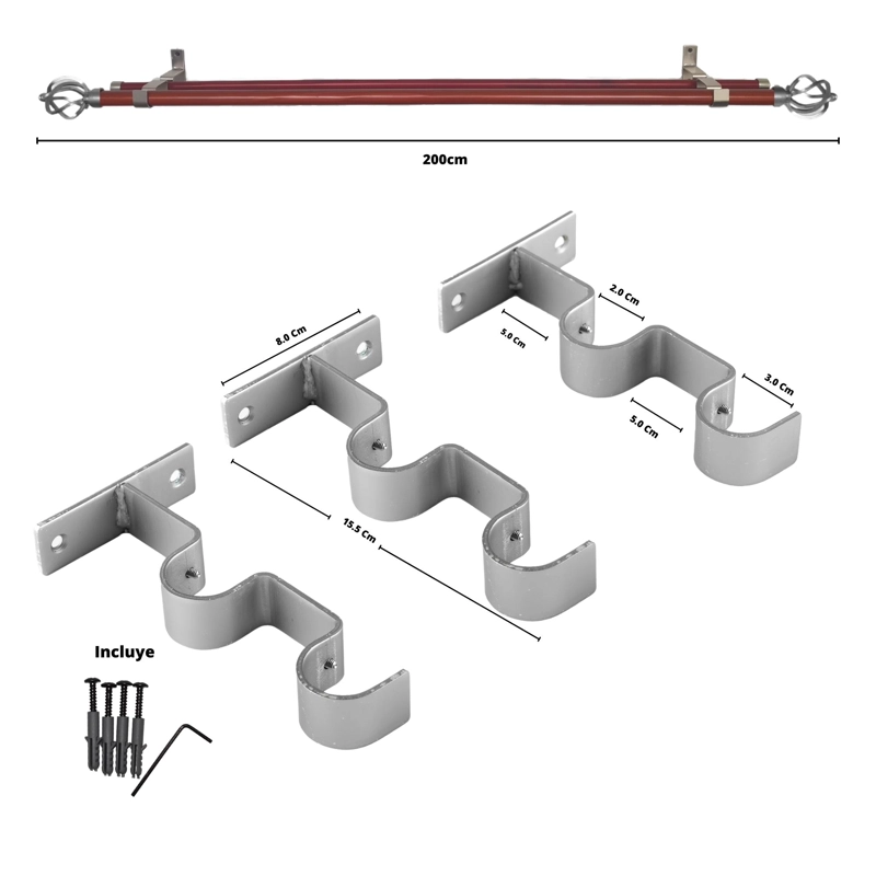 SET BARRAS PARA CORTINA DOBLE 19/28 MM DE MADERA Y METAL 2,00 MT SATIN BOLA ALAMBRE - 2