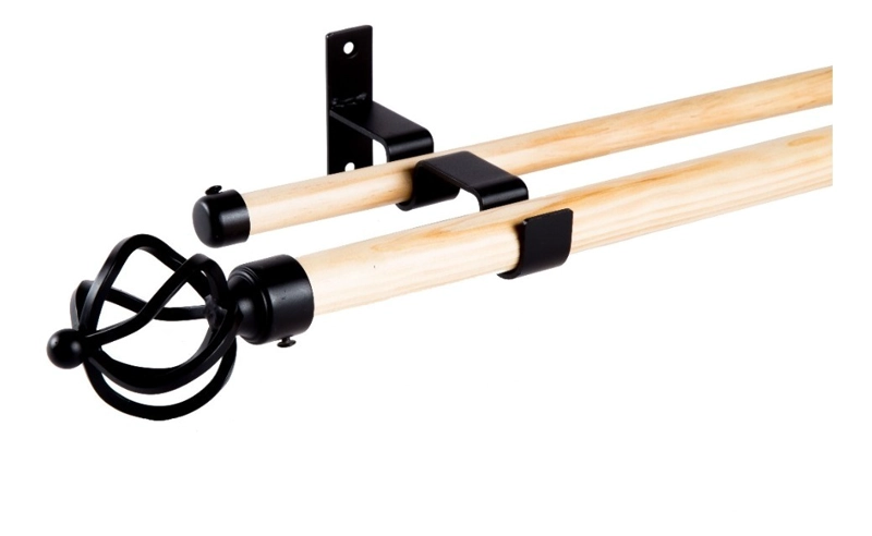 SET BARRAS PARA CORTINA DOBLE 19/28 MM DE MADERA Y METAL 1,50 MT NEGRO BOLA ALAMBRE - 1