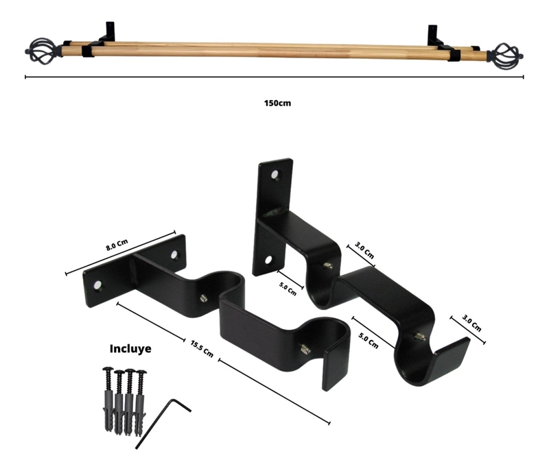 SET BARRAS PARA CORTINA DOBLE 19/28 MM DE MADERA Y METAL 1,50 MT NEGRO BOLA ALAMBRE - 4