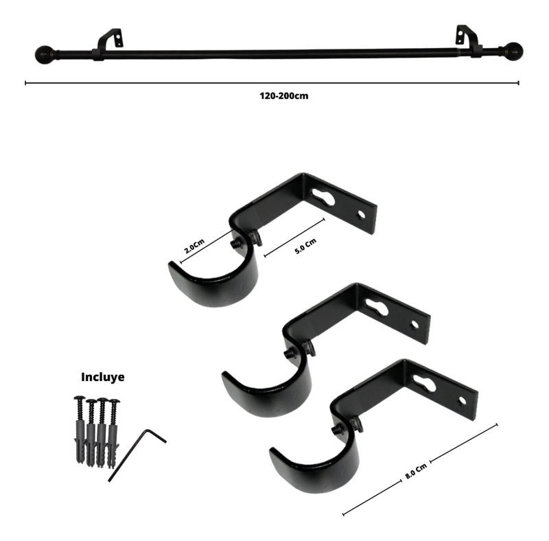 SET BARRA PARA CORTINA SIMPLE 13/16 MM EXTENSIBLE 120-200 CM NEGRO ORB BOLA - 5