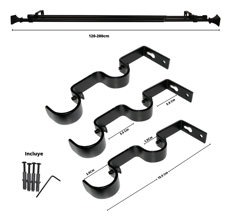 SET BARRAS PARA CORTINA DOBLE 13/16 MM EXTENSIBLE 120-200 CM NEGRO PRISMA - 6