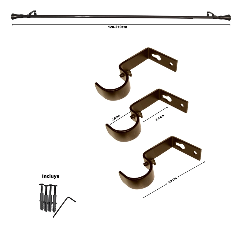 SET BARRA PARA CORTINA SIMPLE 16/19 MM EXTENSIBLE 120-210 CM A MURO CAFE  CONICO - 3