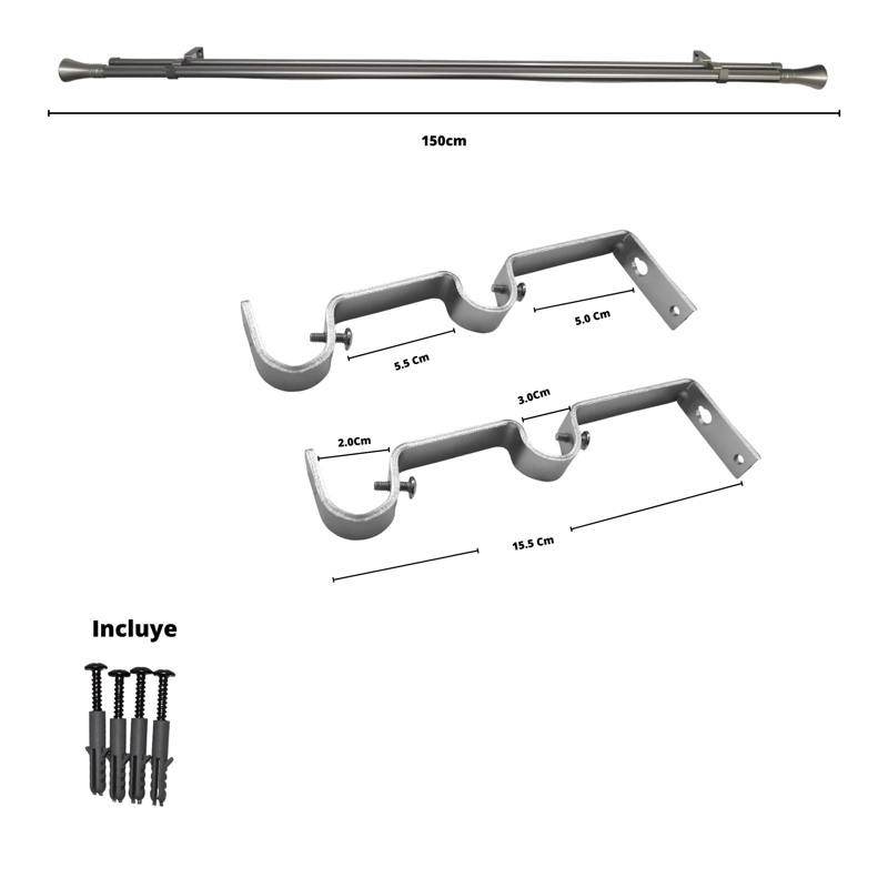 SET BARRAS PARA CORTINA DOBLE 19/28 MM METAL COLOR SATIN X 1.50 MT TERMINAL CONICO - 3