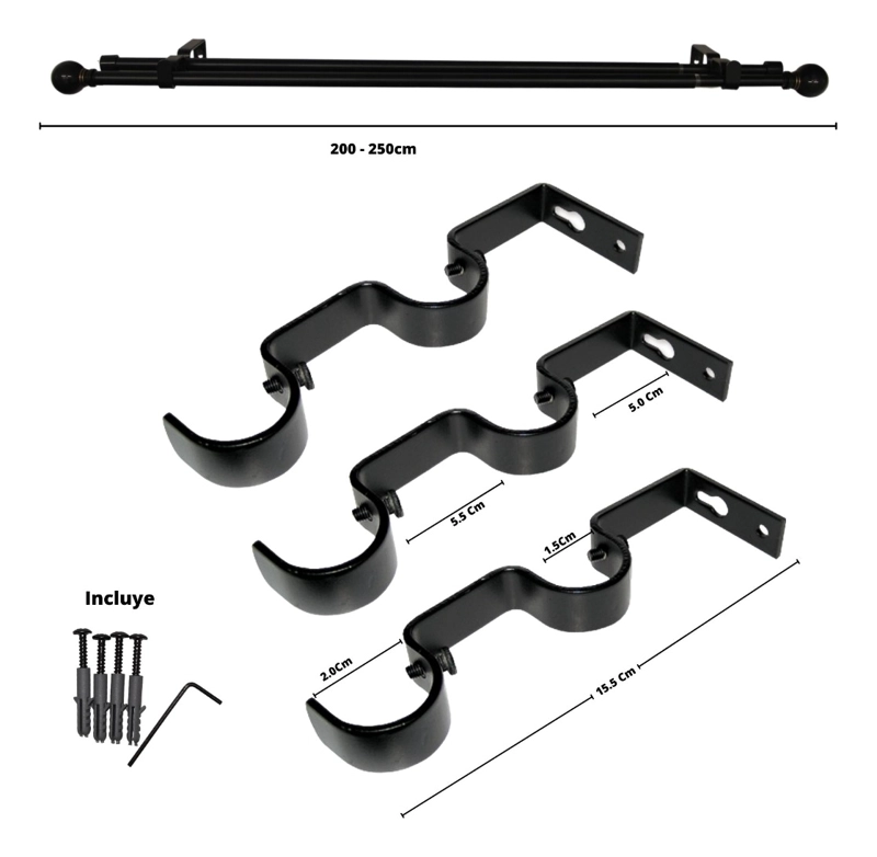 SET BARRAS PARA CORTINA DOBLE 13/16 MM EXTENSIBLE 200-250 CM NEGRO ORB BOLA - 7