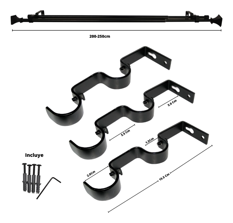 SET BARRAS PARA CORTINA DOBLE 13/16 MM EXTENSIBLE 200-250 CM NEGRO PRISMA - 6
