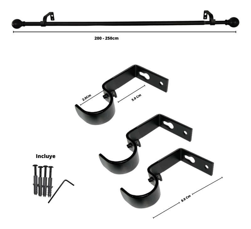 SET BARRA PARA CORTINA SIMPLE 13/16 MM EXTENSIBLE 200-250 CM NEGRO BOLA - 5