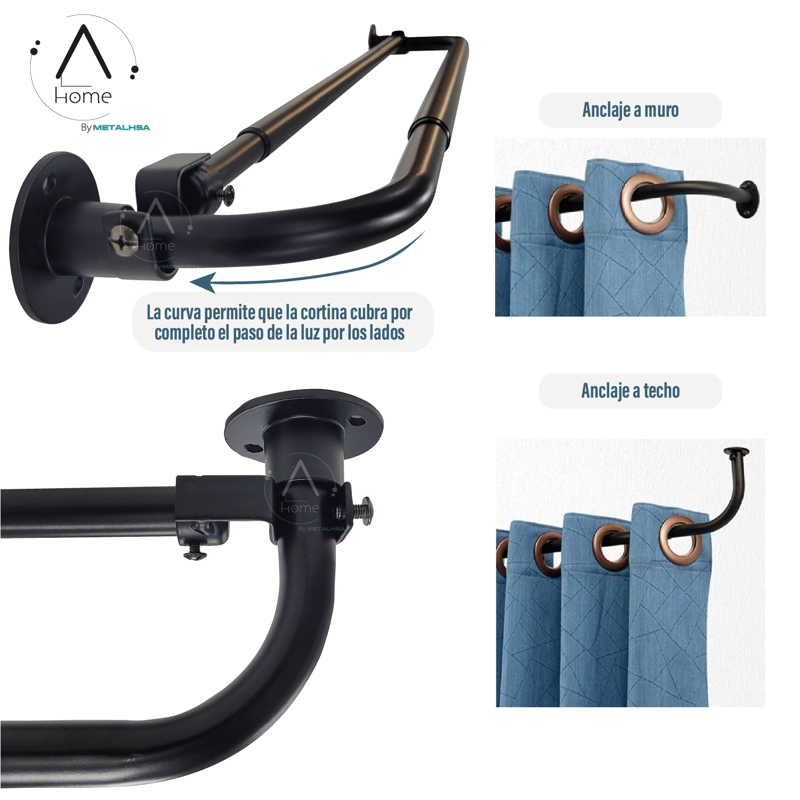 SET BARRAS PARA CORTINA DOBLE 16/19 MM EXTENSIBLE CURVO 70 A 120 CM COLOR NEGRO - 5