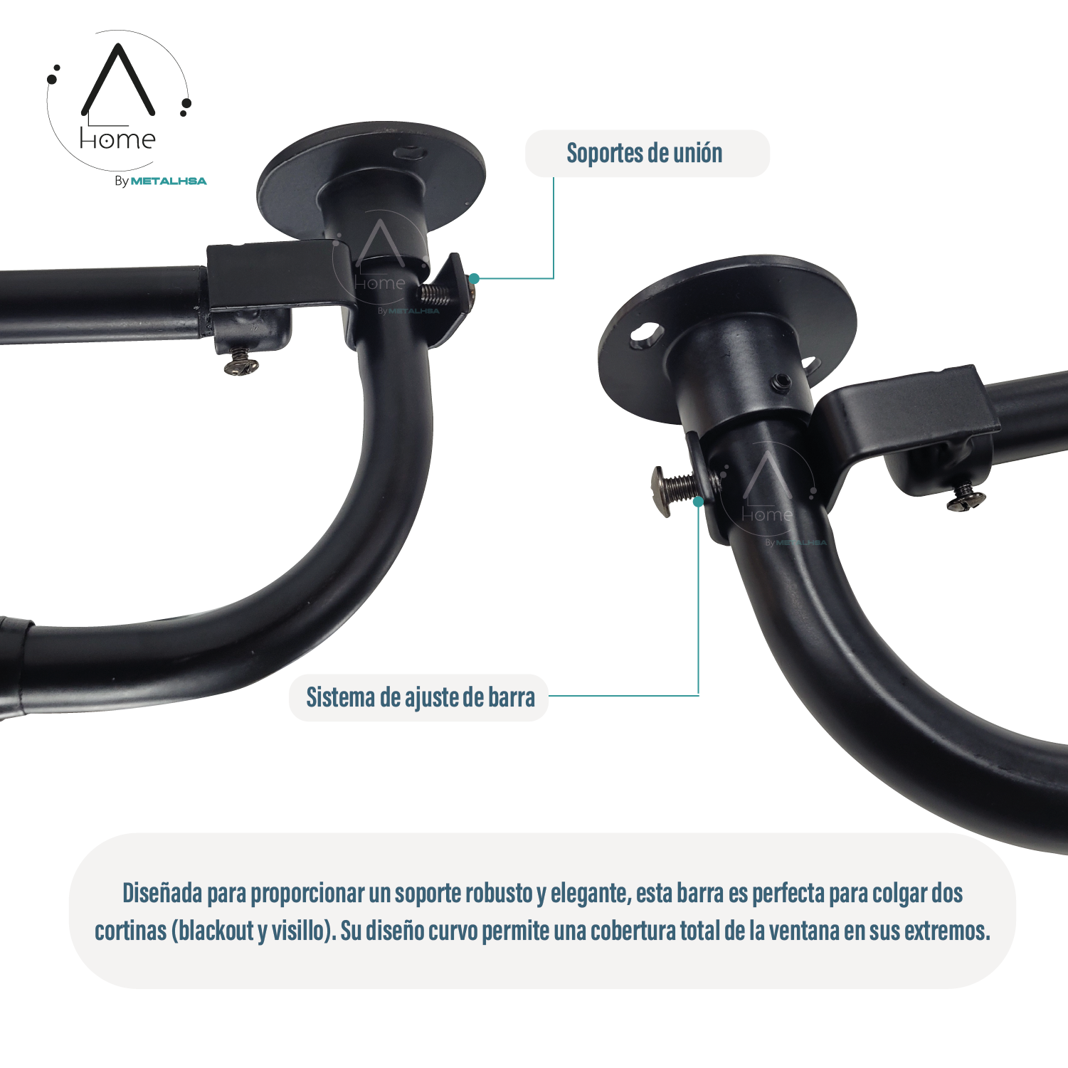 SET BARRAS PARA CORTINA DOBLE 16/19 MM EXTENSIBLE CURVO 70 A 120 CM COLOR NEGRO - 6