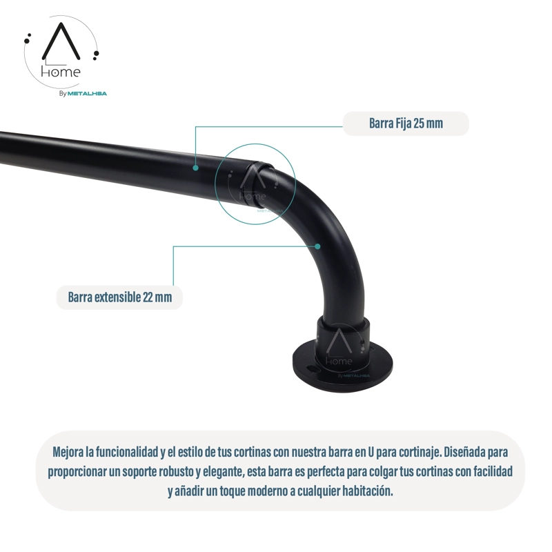 SET BARRA PARA CORTINA SIMPLE 22/25 MM EXTENSIBLE CURVO 70 A 120 CM COLOR NEGRO - 5
