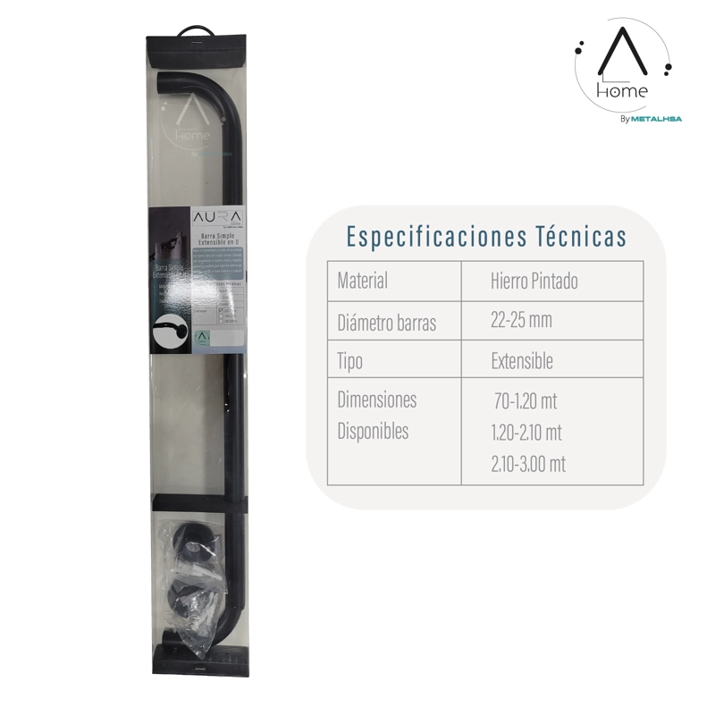 SET BARRA PARA CORTINA SIMPLE 22/25 MM EXTENSIBLE CURVO 70 A 120 CM COLOR NEGRO - 8