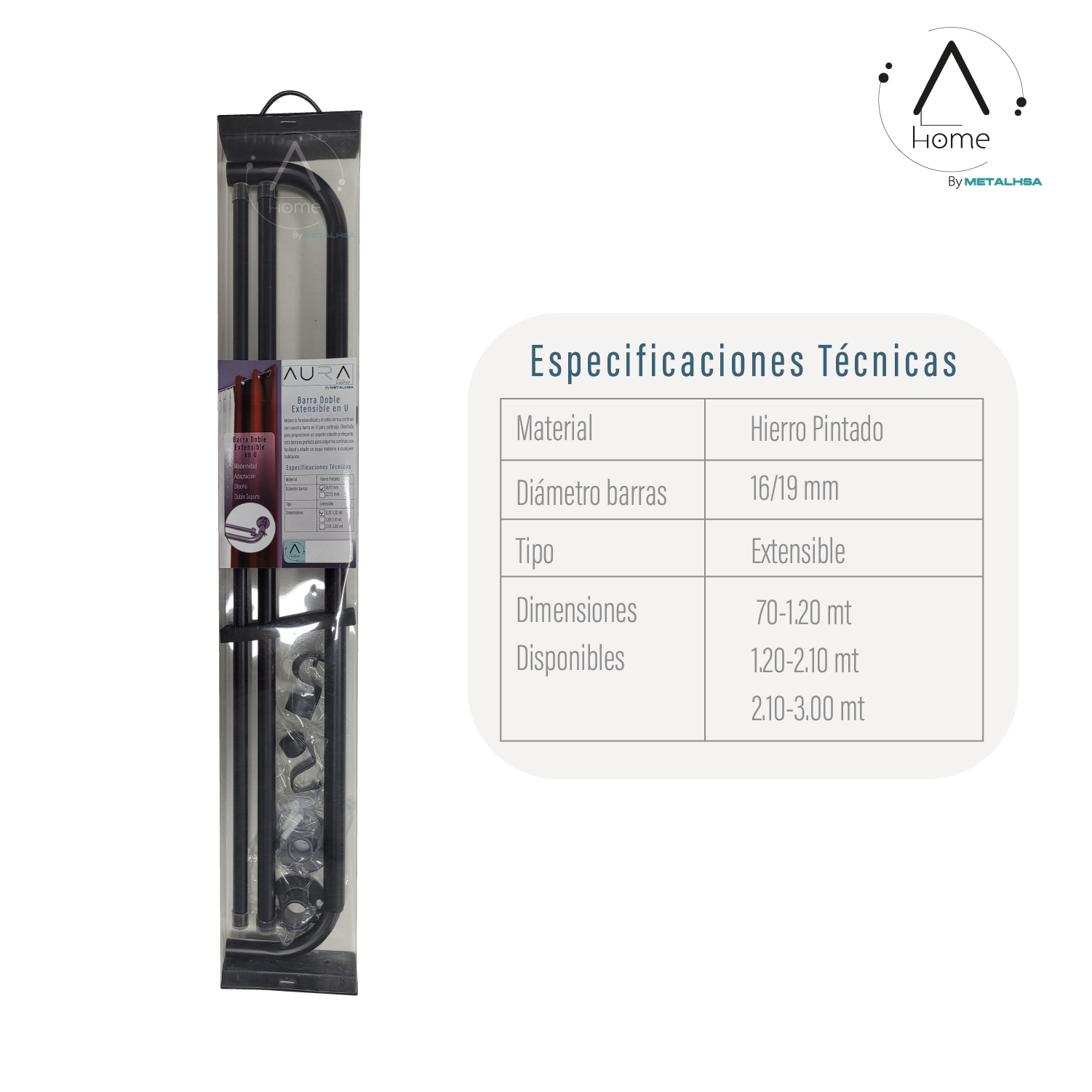 SET BARRAS PARA CORTINA DOBLE 16/19 MM EXTENSIBLE CURVO 210 A 300 CM COLOR NEGRO - 8