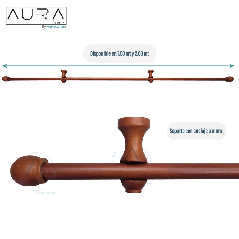 SET BARRA PARA CORTINA SIMPLE 19 MM DE MADERA 1,50 MT COLOR CHOCOLATE TERMINAL BOLA - 4