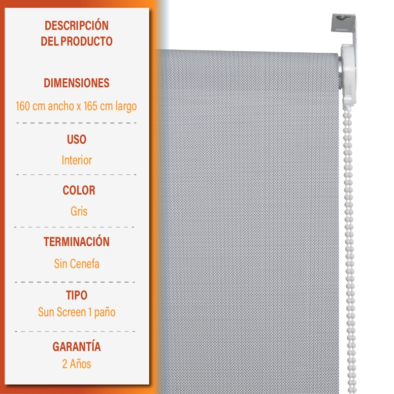 CORTINA ROLLER SUNSCREEN 160 X 165 CM COLOR GRIS MARCA SUNFREE - 8
