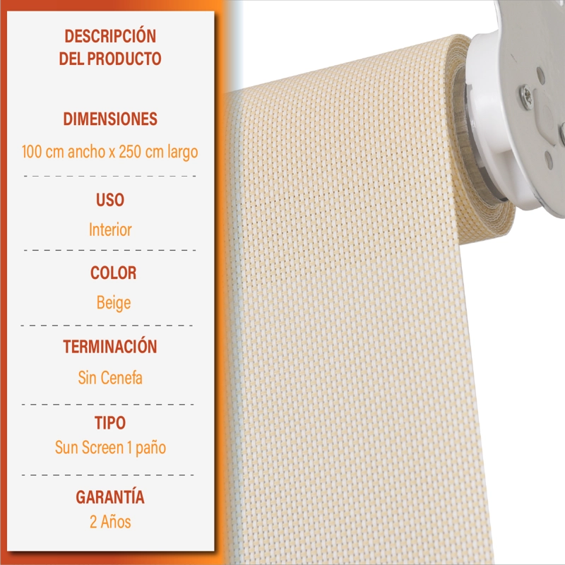 CORTINA ROLLER SUNSCREEN 100 X 250 CM COLOR BEIGE SUNFREE - 9