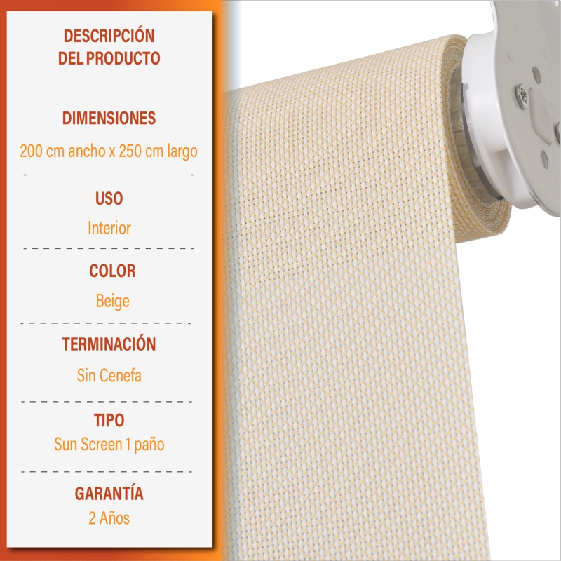 CORTINA ROLLER SUNSCREEN 200 X 250 CM COLOR BEIGE MARCA SUNFREE - 9