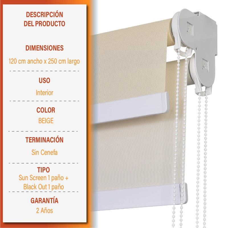 CORTINA ROLLER DOBLE BLACKOUT/SUNSCREEN 120X250 CM BEIGE SUNFREE - 9