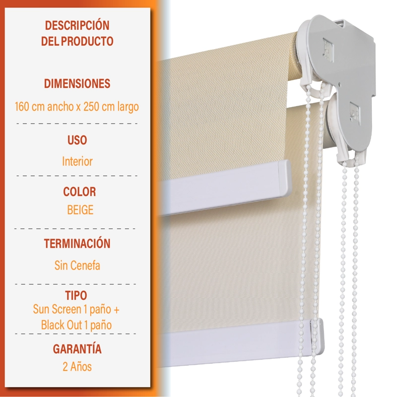 CORTINA ROLLER DOBLE BLACKOUT/SUNSCREEN 160X250 CM BEIGE SUNFREE - 9