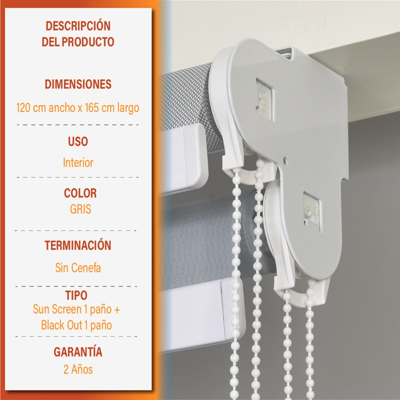 CORTINA ROLLER DOBLE BLACKOUT/SUNSCREEN 120X165 CM GRIS SUNFREE - 9