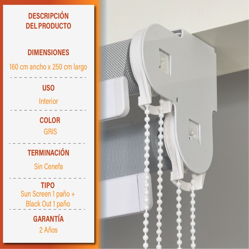 CORTINA ROLLER DOBLE BLACKOUT/SUNSCREEN 160X250 CM GRIS SUNFREE - 9