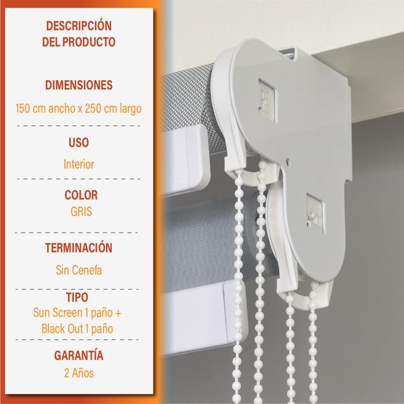 CORTINA ROLLER DOBLE BLACKOUT/SUNSCREEN 150X250 CM GRIS SUNFREE - 9