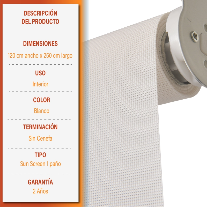 CORTINA ROLLER SUNSCREEN 120 X 250 CM COLOR BLANCO SUNFREE - 9