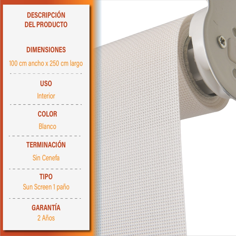 CORTINA ROLLER SUNSCREEN 100 X 250 CM COLOR BLANCO SUNFREE - 9