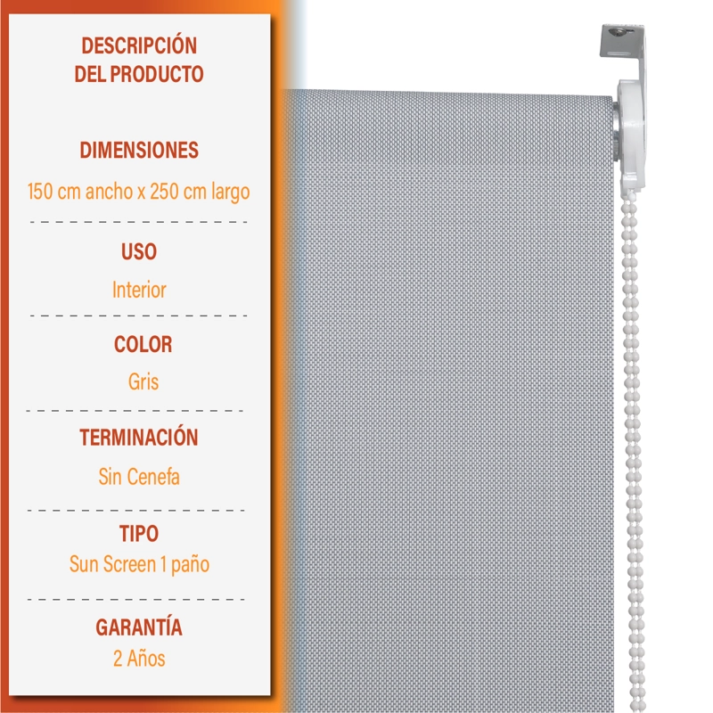 CORTINA ROLLER SUNSCREEN 150 X 250 CM COLOR GRIS SUNFREE - 8