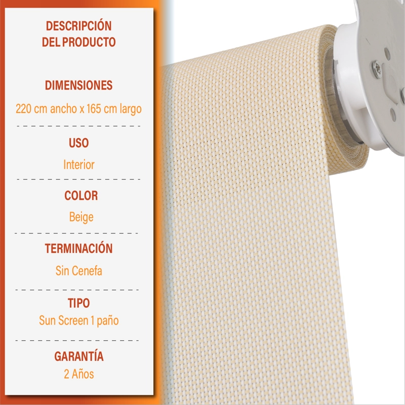 CORTINA ROLLER SUNSCREEN 220 X 165 CM COLOR BEIGE MARCA SUNFREE - 9