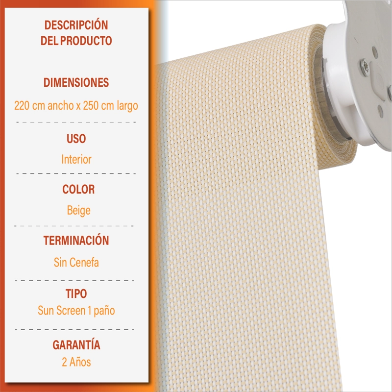 CORTINA ROLLER SUNSCREEN 220 X 250 CM COLOR BEIGE MARCA SUNFREE - 9