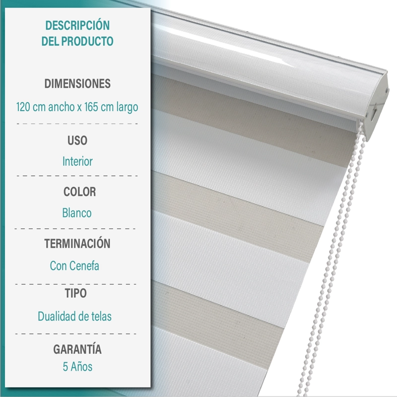 CORTINA ROLLER DUO ZEBRA DIA Y NOCHE 120 X 165 CM COLOR BLANCO MARCA AURA - 9