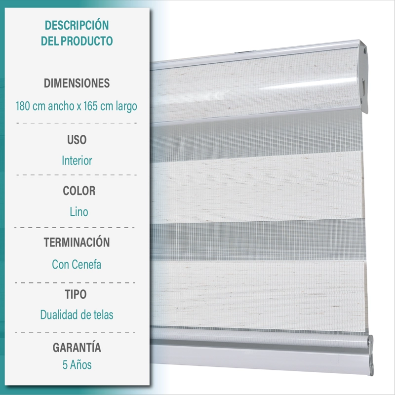 CORTINA ROLLER DUO ZEBRA DIA Y NOCHE 180 X 165 CM COLOR TEXTURA LINO MARCA AURA - 9