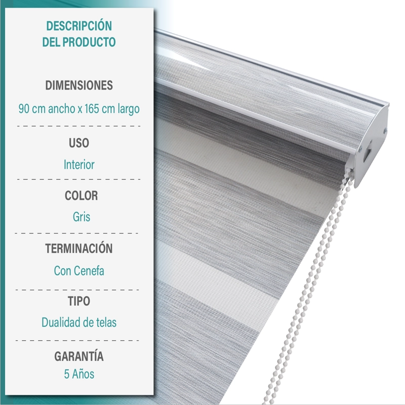 CORTINA ROLLER DUO ZEBRA DIA Y NOCHE 090 X 165 CM COLOR GRIS MARCA AURA - 9