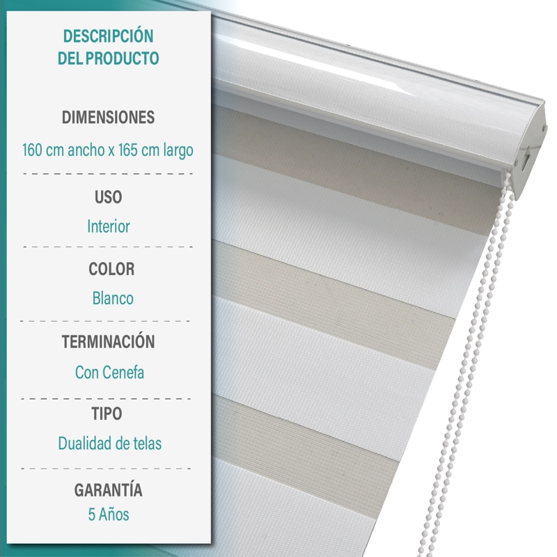 CORTINA ROLLER DUO ZEBRA DIA Y NOCHE 160X165 CM BLANCO AURA - 6