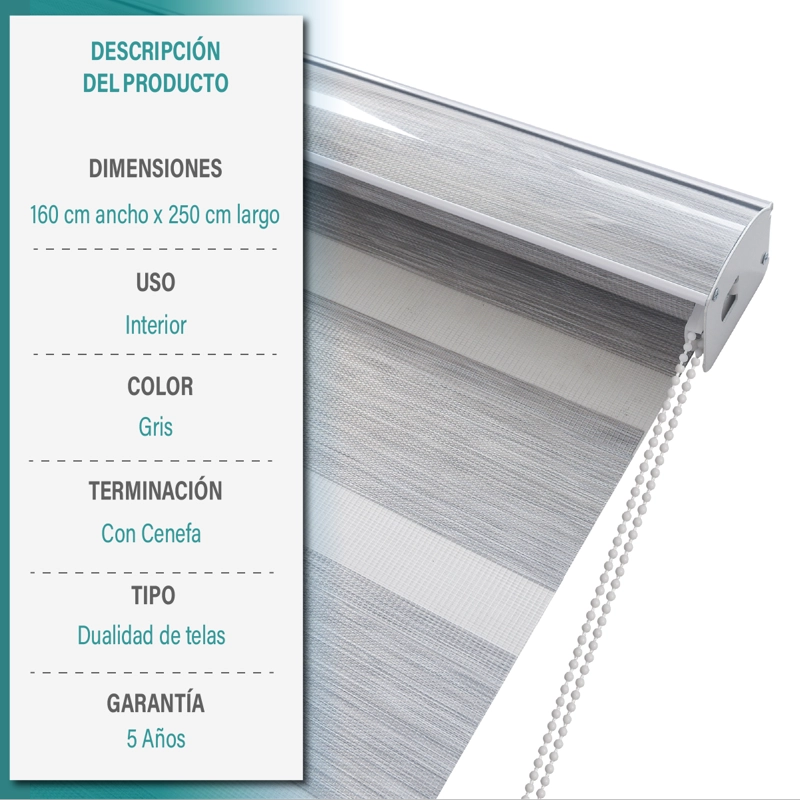 CORTINA ROLLER DUO ZEBRA DIA Y NOCHE 160 X 250 CM GRIS AURA - 6