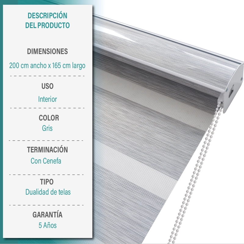 CORTINA ROLLER DUO ZEBRA DIA Y NOCHE 200 X 165 CM COLOR GRIS MARCA AURA - 6