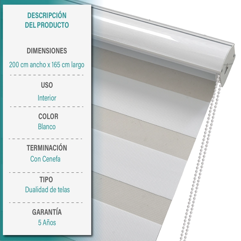 CORTINA ROLLER DUO ZEBRA DIA Y NOCHE 200 X 165 CM COLOR BLANCO MARCA AURA - 6