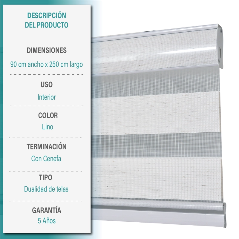 CORTINA ROLLER DUO ZEBRA DIA Y NOCHE 090X250 CM TEXTURA LINO AURA - 6