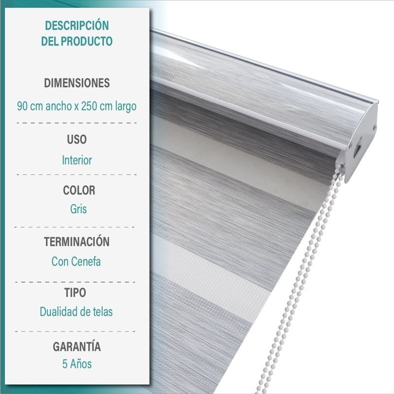 CORTINA ROLLER DUO ZEBRA DIA Y NOCHE 090X250 CM GRIS AURA - 6