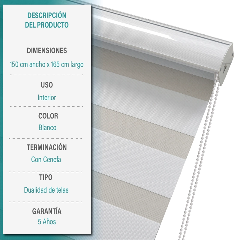 CORTINA ROLLER DUO ZEBRA DIA Y NOCHE 150X165 CM BLANCO AURA - 6