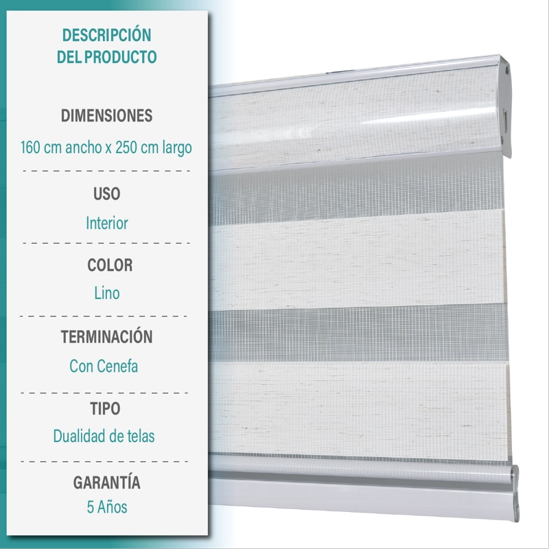 CORTINA ROLLER DUO ZEBRA DIA Y NOCHE 160X250 CM TEXTURA LINO AURA - 6