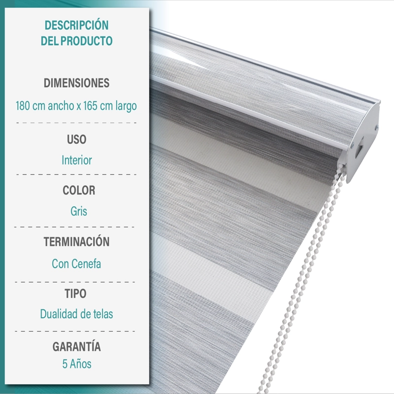 CORTINA ROLLER DUO ZEBRA DIA Y NOCHE 180X165 CM GRIS AURA - 6