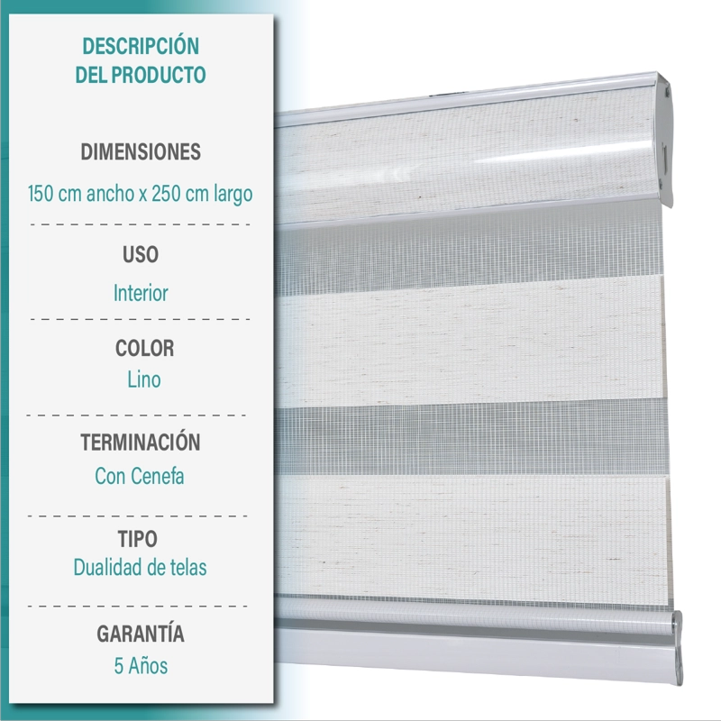 CORTINA ROLLER DUO ZEBRA DIA Y NOCHE 150X250 CM TEXTURA LINO AURA - 6