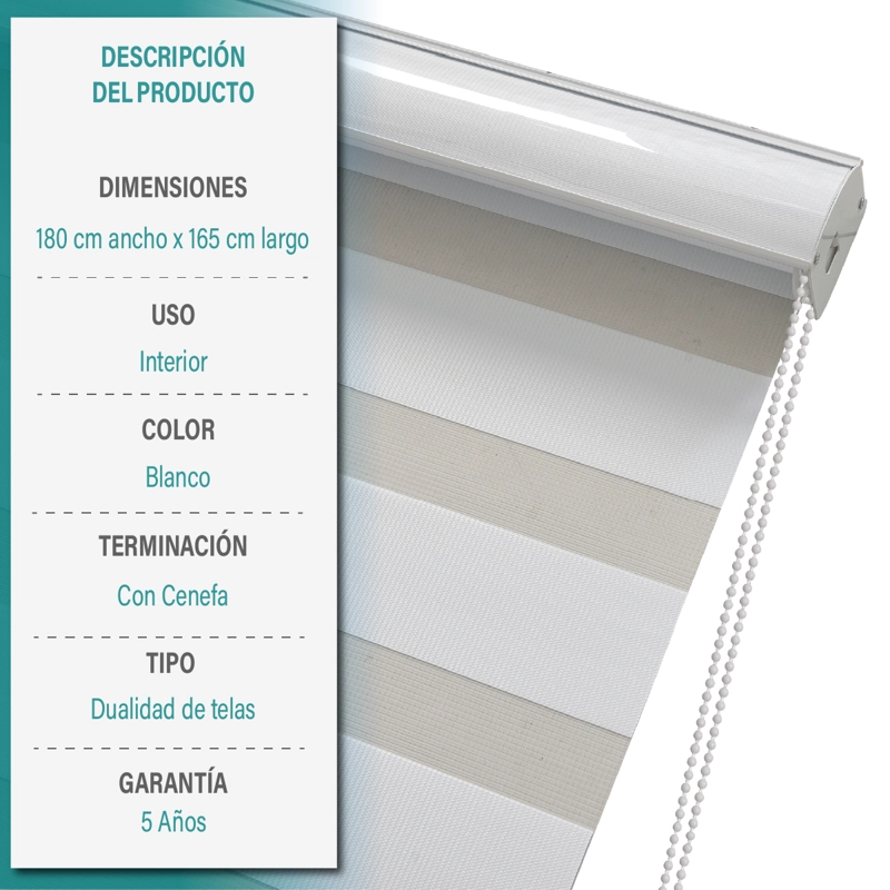 CORTINA ROLLER DUO ZEBRA DIA Y NOCHE 180X165 CM BLANCO AURA - 6