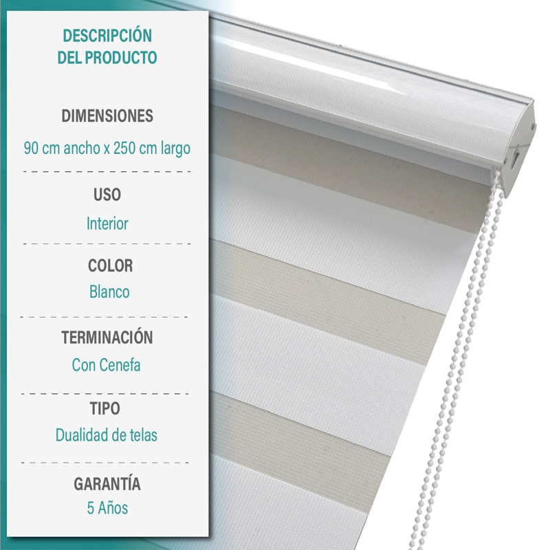 CORTINA ROLLER DUO ZEBRA DIA Y NOCHE 090X250 CM BLANCO AURA - 6