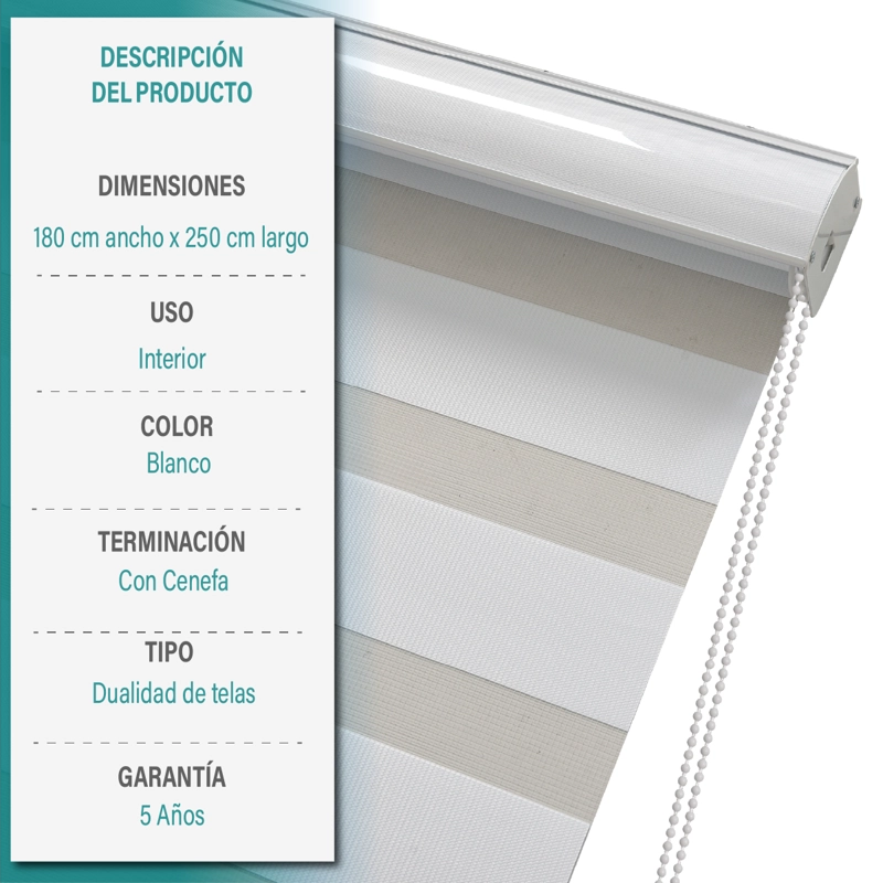 CORTINA ROLLER DUO ZEBRA DIA Y NOCHE 180X250 CM BLANCO AURA - 6