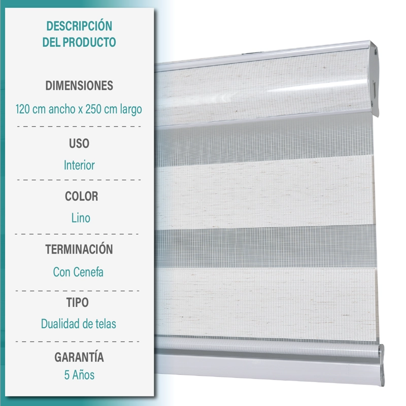 CORTINA ROLLER DUO ZEBRA DIA Y NOCHE 120X250 CM TEXTURA LINO AURA - 6