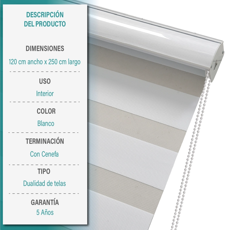 CORTINA ROLLER DUO ZEBRA DIA Y NOCHE 120 X 250 CM COLOR BLANCO MARCA AURA - 6