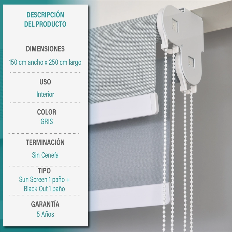 CORTINA ROLLER DOBLE BLACKOUT/SUNSCREEN 150X250 CM GRIS AURA - 6