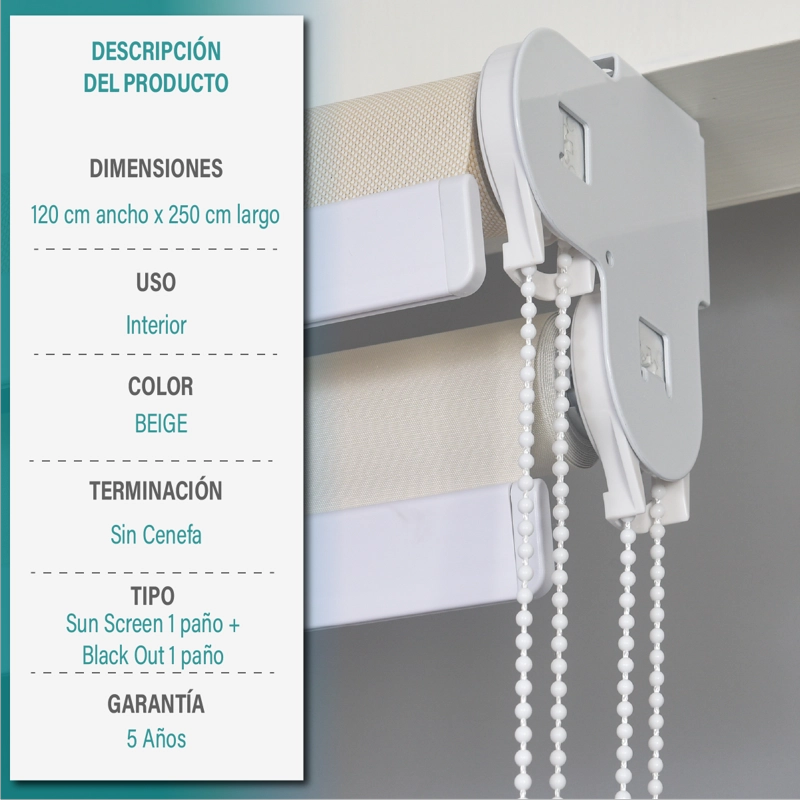 CORTINA ROLLER DOBLE BLACKOUT Y SUNSCREEN 120X250 CM COLOR BEIGE MARCA AURA - 6